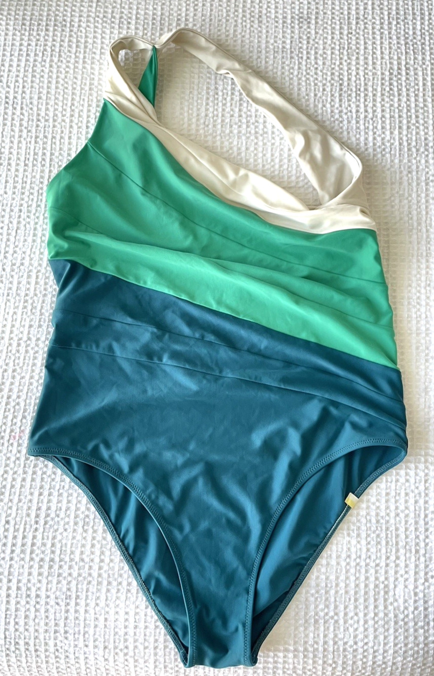 Summersalt Size 12 The Sidestroke One Shoulder Swimsuit Colorblock Green Piece